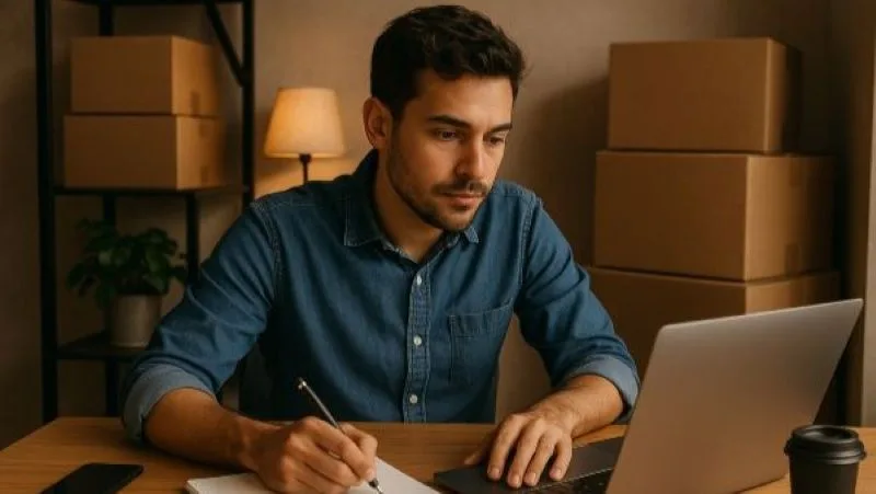Emprendedor trabajando en su laptop rodeado de cajas, gestionando su negocio online