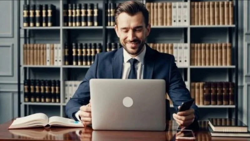 Profesional con traje frente a su laptop en una biblioteca, reflejando orden y confianza